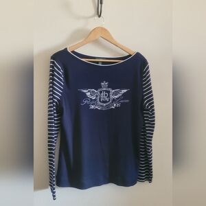 Ralph Lauren Bling Insignia Stripe Sleeve Boatneck Top, Women's XL, Navy & White
